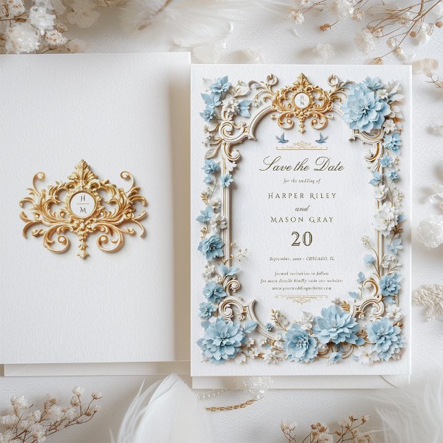 Elegant Dusty Blue Hydrangeas Faux Embossed Invitation (Creator Uploaded)