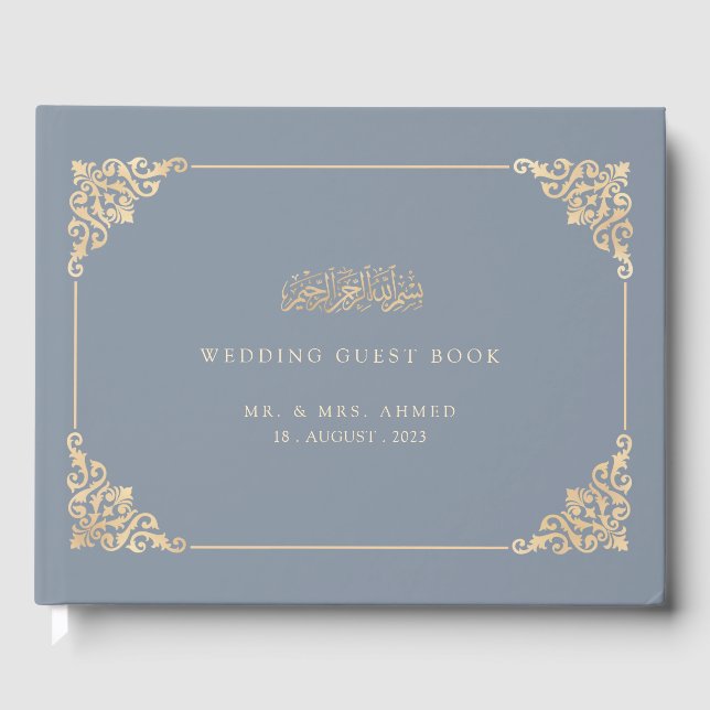Elegant Dusty Blue Islamic Muslim Wedding Guest Book (Front)