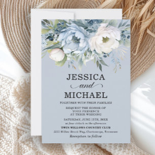 Elegant Dusty Blue Ivory Floral Leaves Invitation
