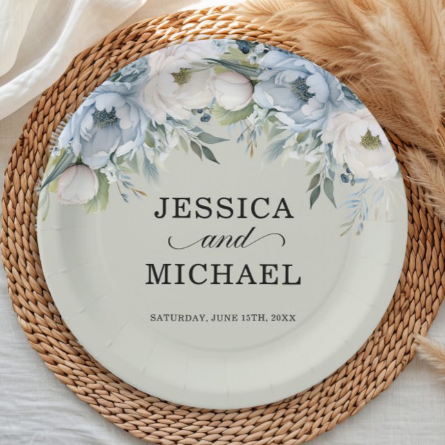 Elegant Dusty Blue Ivory Floral Sage Green  Paper Plate (Sage green wedding paper plate with dusty blue and white watercolor flowers)