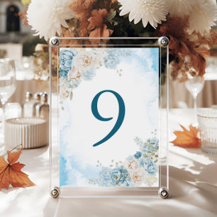 Elegant Dusty Blue Ivory Rose Flowers Wedding Table Number