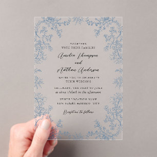 Elegant Dusty Blue Lace Floral Wedding Acrylic Invitations
