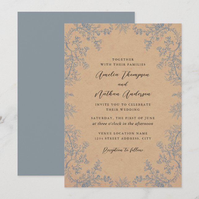 Elegant Dusty Blue Lace Florals Wedding Invitation (Front/Back)