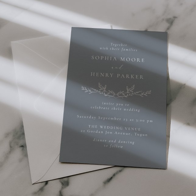 Elegant Dusty Blue Leaf Line Art Wedding  Invitation (Creator Uploaded)