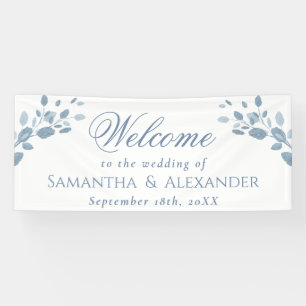 Elegant Dusty Blue Leaves Welcome Wedding Banner