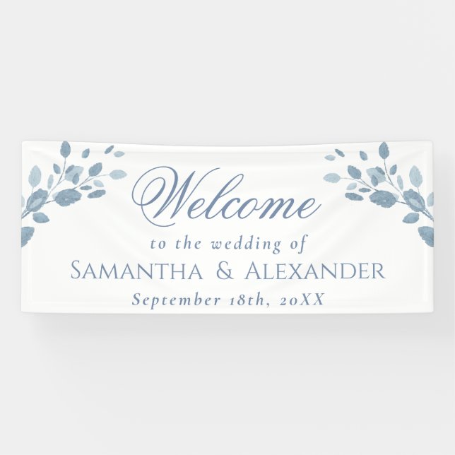 Elegant Dusty Blue Leaves Welcome Wedding  Banner (Horizontal)