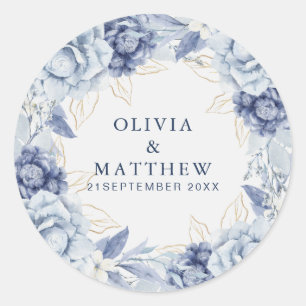 Elegant Dusty Blue & Light Blue Floral Wedding Classic Round Sticker