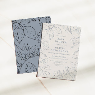 Elegant Dusty Blue Line Art Botanical Baby Shower Invitation