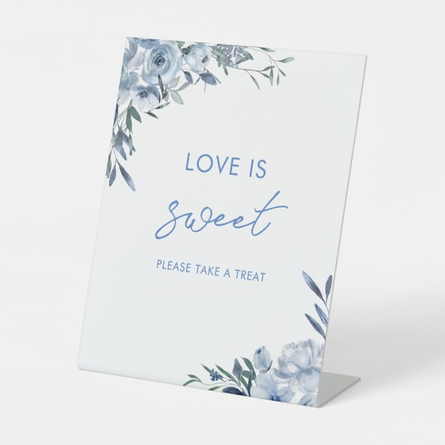 Elegant Dusty Blue Love Is Sweet Treat Favour Pedestal Sign (Front)