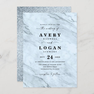 Elegant Dusty Blue Marble & Glitter Wedding Invitation