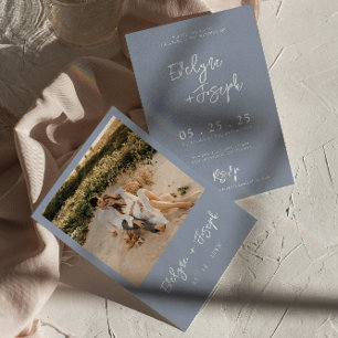 Elegant Dusty Blue Minimalist Boho Photo Wedding Invitation