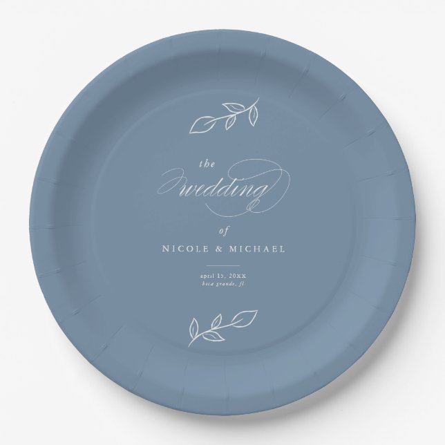 Elegant Dusty Blue Minimalist Leaves Wedding Paper Plate (Front)
