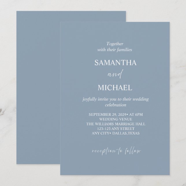 Elegant Dusty-Blue Minimalist Wedding Invitation (Front/Back)
