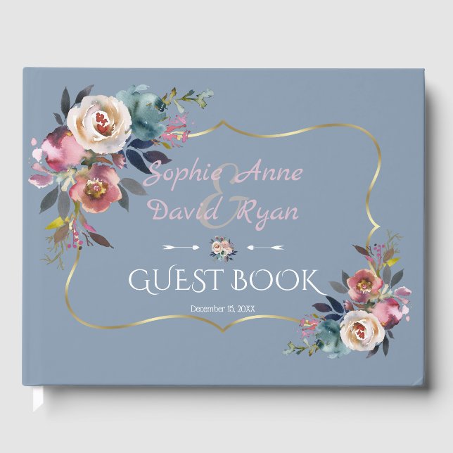 Elegant Dusty Blue Misty Rose Gold Wedding Guest Book (Front)