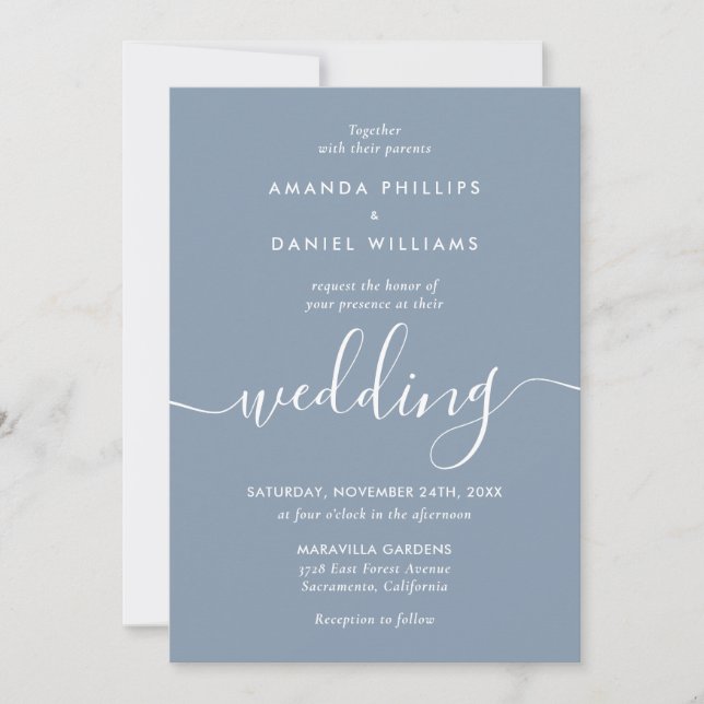 Elegant Dusty Blue Modern Script Wedding Invitation (Front)