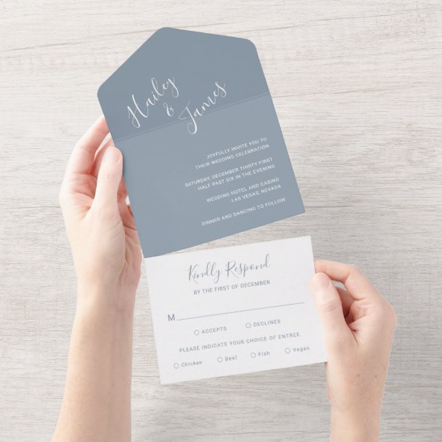 Elegant Dusty Blue Modern Wedding All In One Invitation (Tearaway)