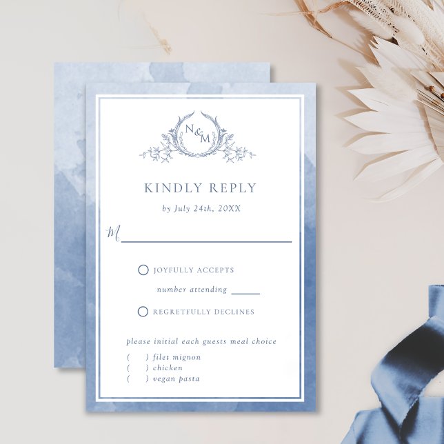 Elegant Dusty Blue Monogram and Watercolor RSVP (Creator Uploaded)