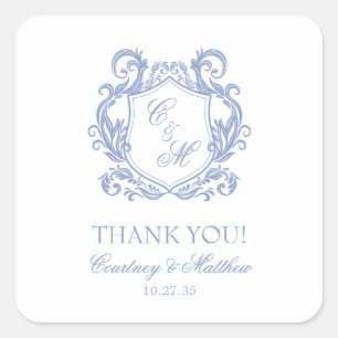 Elegant Dusty Blue Monogram Crest Thank You Square Sticker