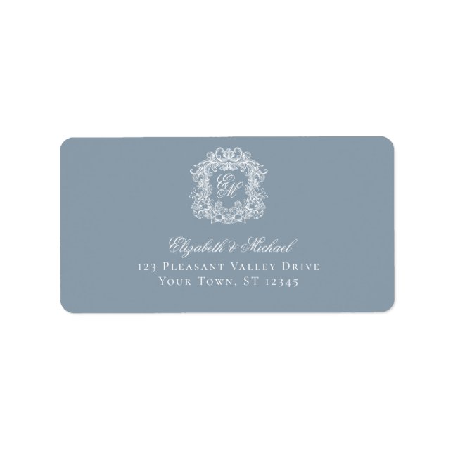 Elegant Dusty Blue Monogram Crest Wedding Address Label (Front)