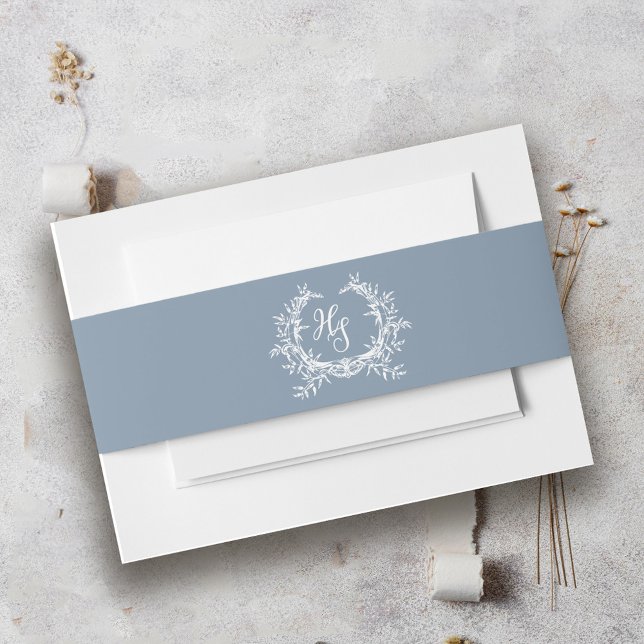 Elegant Dusty Blue Monogram Crest Wedding Invitation Belly Band (Creator Uploaded)