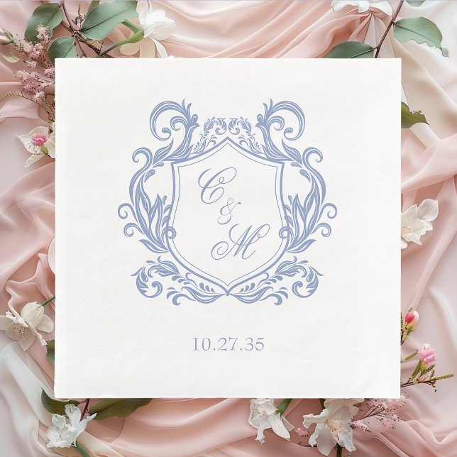Elegant Dusty Blue Monogram Crest Wedding Napkin (Creator Uploaded)