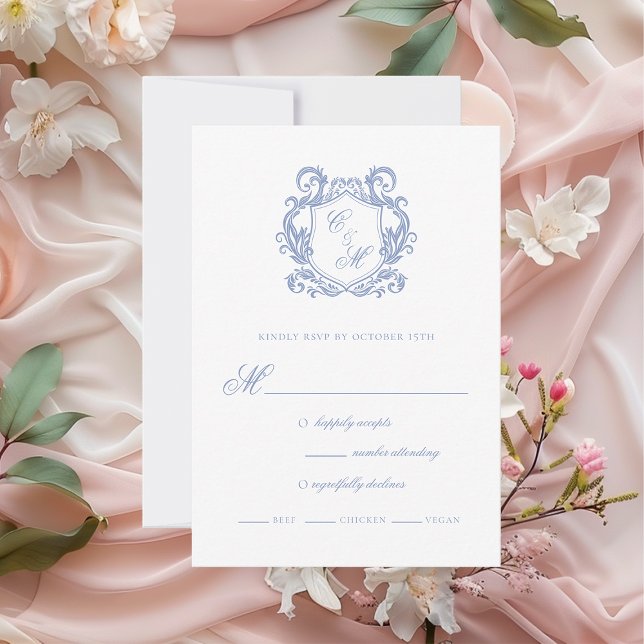 Elegant Dusty Blue Monogram Crest Wedding RSVP Card (Creator Uploaded)