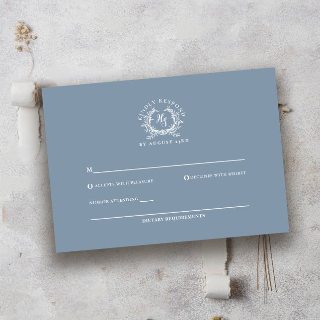 Elegant Dusty Blue Monogram Crest Wedding RSVP Card (Creator Uploaded)