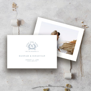 Elegant Dusty Blue Monogram Crest Wedding Save The Date