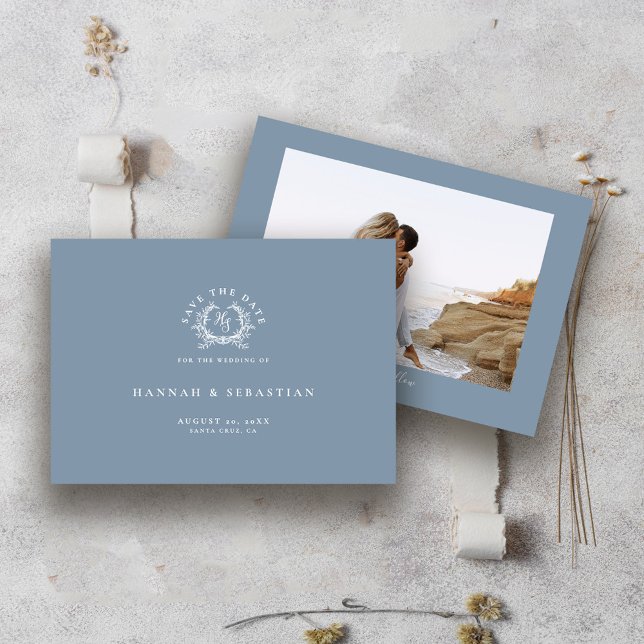 Elegant Dusty Blue Monogram Crest Wedding Save The Date (Creator Uploaded)