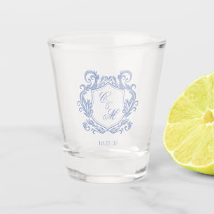 Elegant Dusty Blue Monogram Crest Wedding Shot Glass