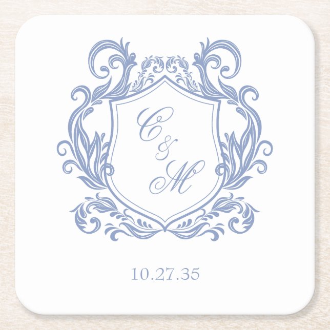 Elegant Dusty Blue Monogram Crest Wedding Square Paper Coaster (Front)