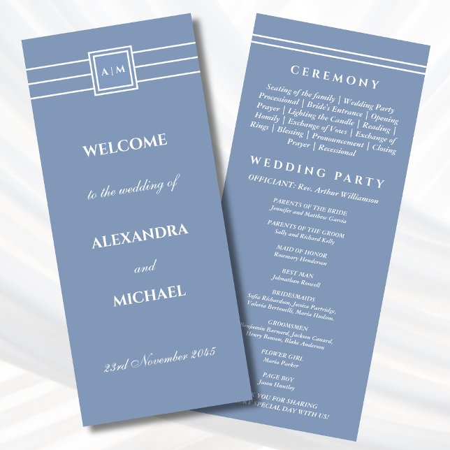 Elegant Dusty Blue Monogram Modern Wedding Program Programme (Creator Uploaded)
