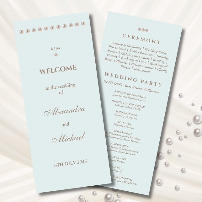 Elegant Dusty Blue Monogram Pearl Wedding Program Programme (Creator Uploaded)