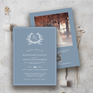 Elegant Dusty Blue Monogram Photo Overlay Wedding Invitation