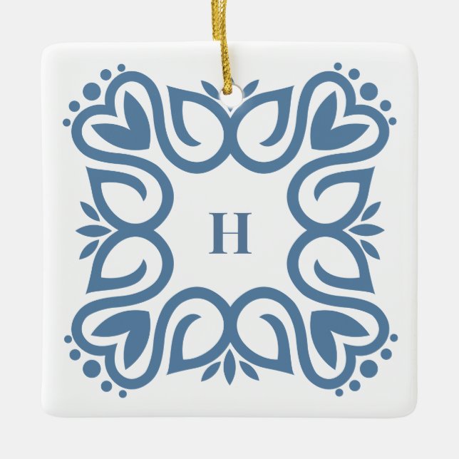 Elegant Dusty Blue Monogram Script Ceramic Ornament (Front)