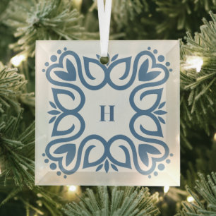 Elegant Dusty Blue Monogram Script Glass Tree Decoration