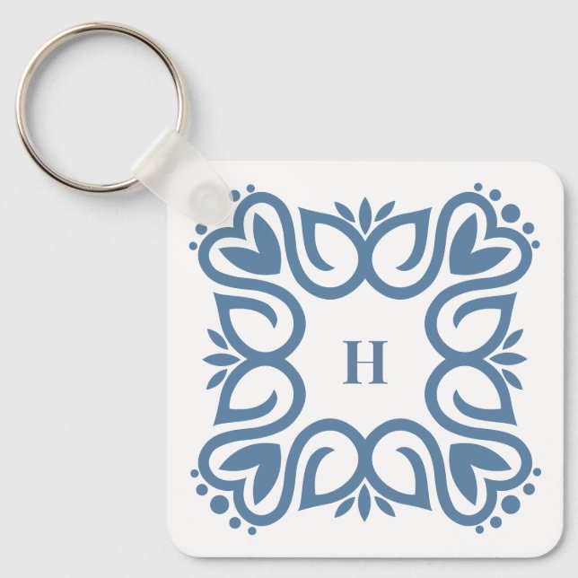 Elegant Dusty Blue Monogram Script Key Ring (Front)