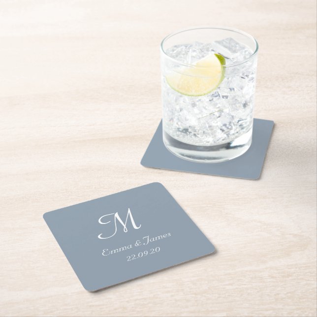 Elegant Dusty Blue Monogram Wedding Custom Square Paper Coaster (Insitu)