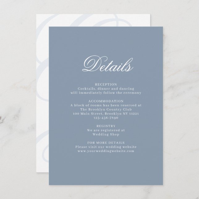 Elegant Dusty Blue Monogram Wedding Details Enclosure Card (Front/Back)