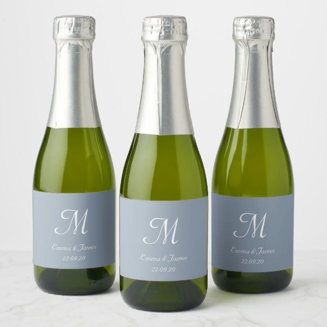Elegant Dusty Blue Monogram Wedding Favour Mini  Sparkling Wine Label (Bottles)