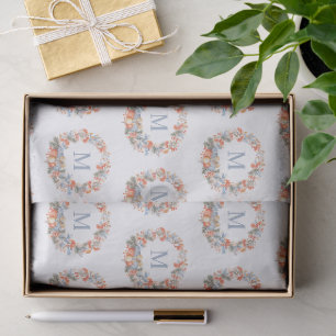 Elegant Dusty Blue Monogram Wreath Christmas Tissue Paper