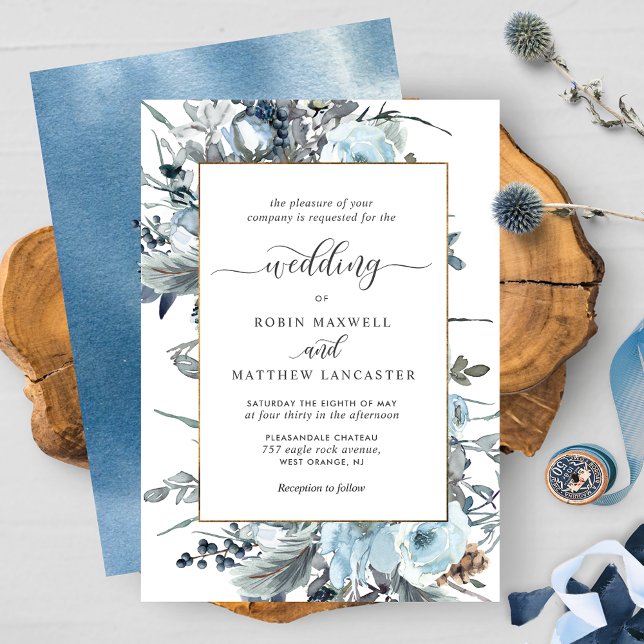 Elegant Dusty Blue, Navy and White Floral Wedding Invitation (Creator Uploaded)