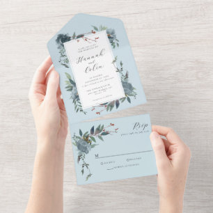 Elegant Dusty Blue Navy Botanical Garden All In One Invitation