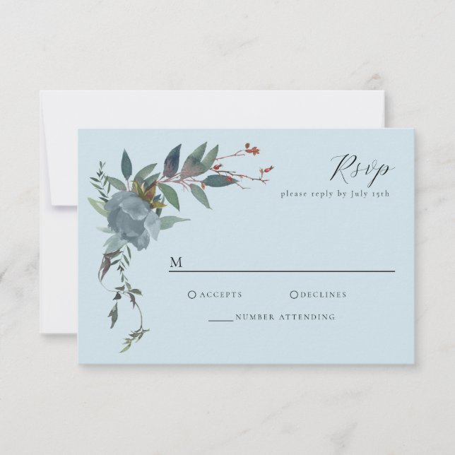 Elegant Dusty Blue Navy Botanical Garden RSVP Card (Front)