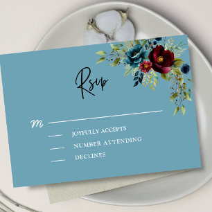 Elegant dusty blue navy burgundy floral wedding RSVP card
