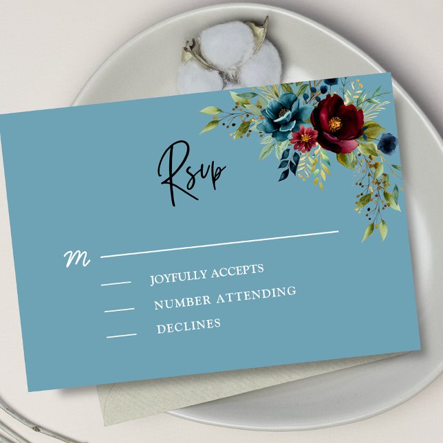Elegant dusty blue navy burgundy floral wedding RSVP card (Creator Uploaded)