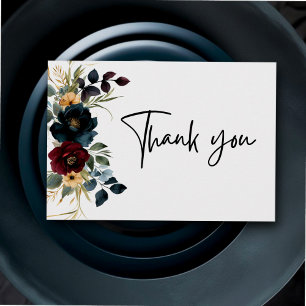 Elegant dusty blue navy burgundy floral wedding thank you card