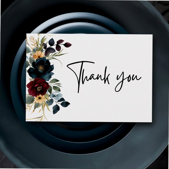 Elegant dusty blue navy burgundy floral wedding thank you card (Creator Uploaded)