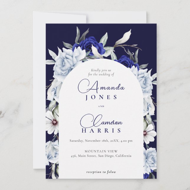 Elegant Dusty Blue Navy Floral Arch Wedding Invitation (Front)