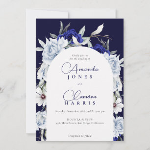 Elegant Dusty Blue Navy Floral Arch Wedding Invitation